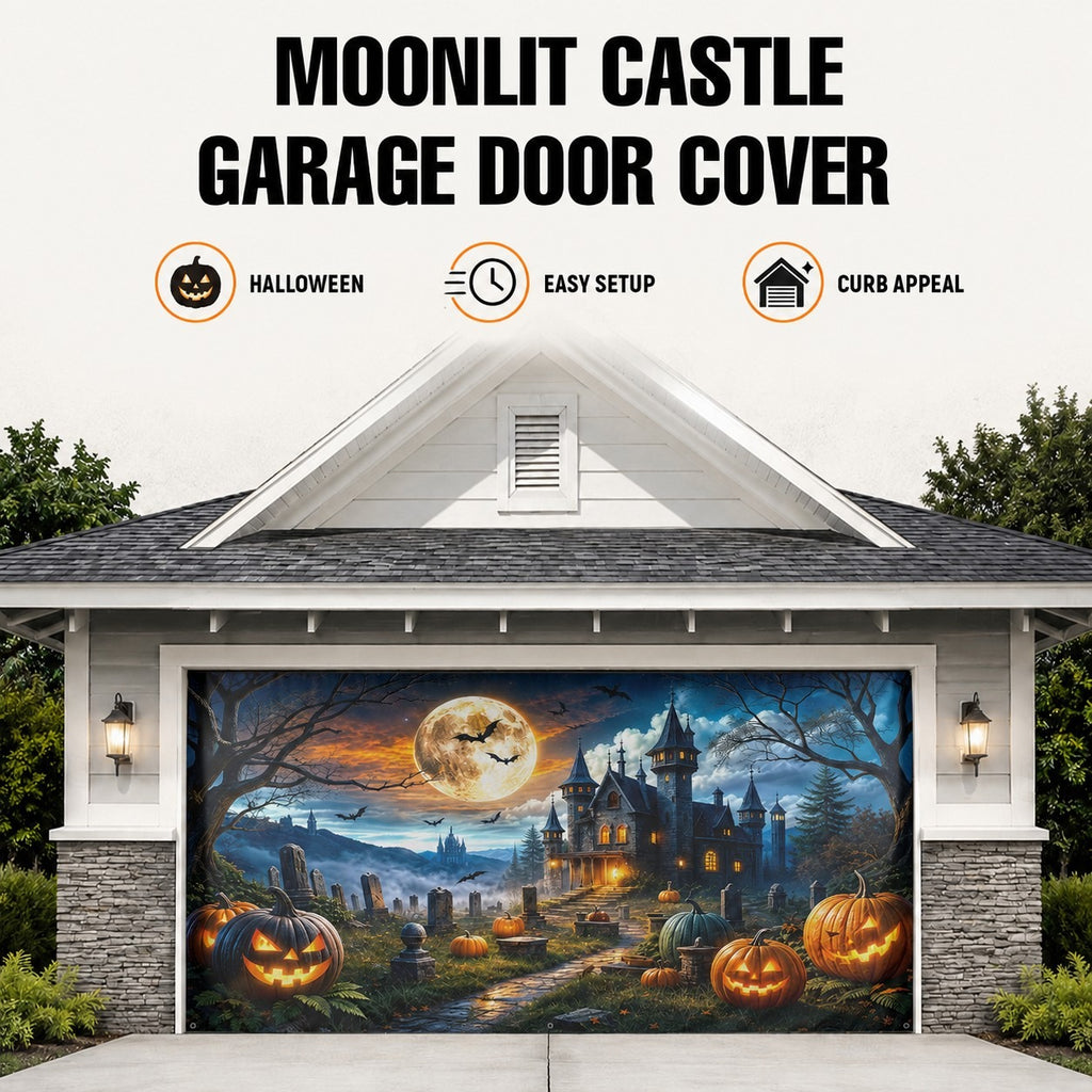 Haunted House & Pumpkin Night Sky | Halloween Garage Door Banner Cover