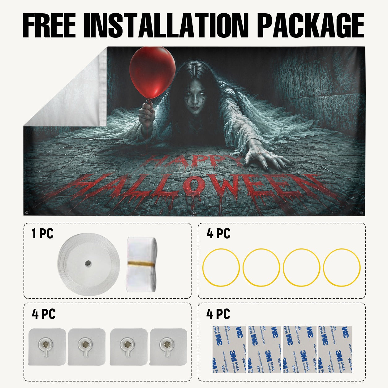 Creepy Girl & Red Balloon Horror | Halloween Garage Door Banner Cover