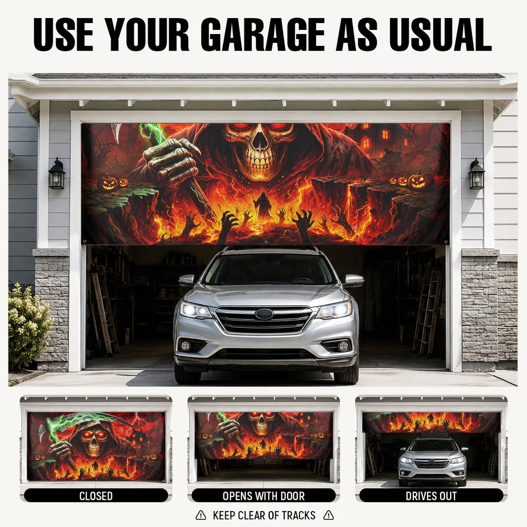 Grim Reaper Skull & Red Eyes | Halloween Garage Door Banner Cover
