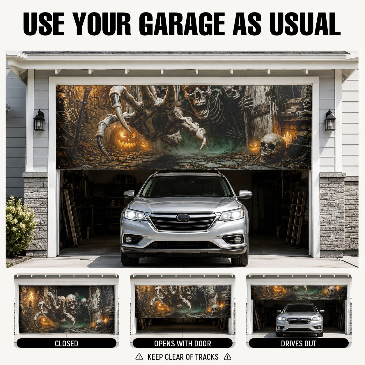 Flaming Skeleton & Fire Skull | Halloween Garage Door Banner Cover