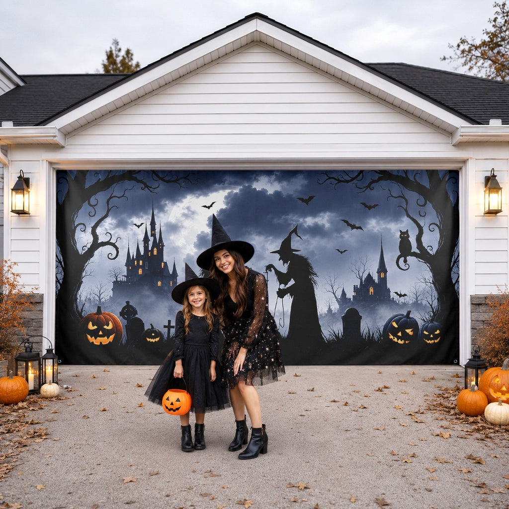 Witch Silhouette & Horror Spirit | Halloween Garage Door Banner Cover