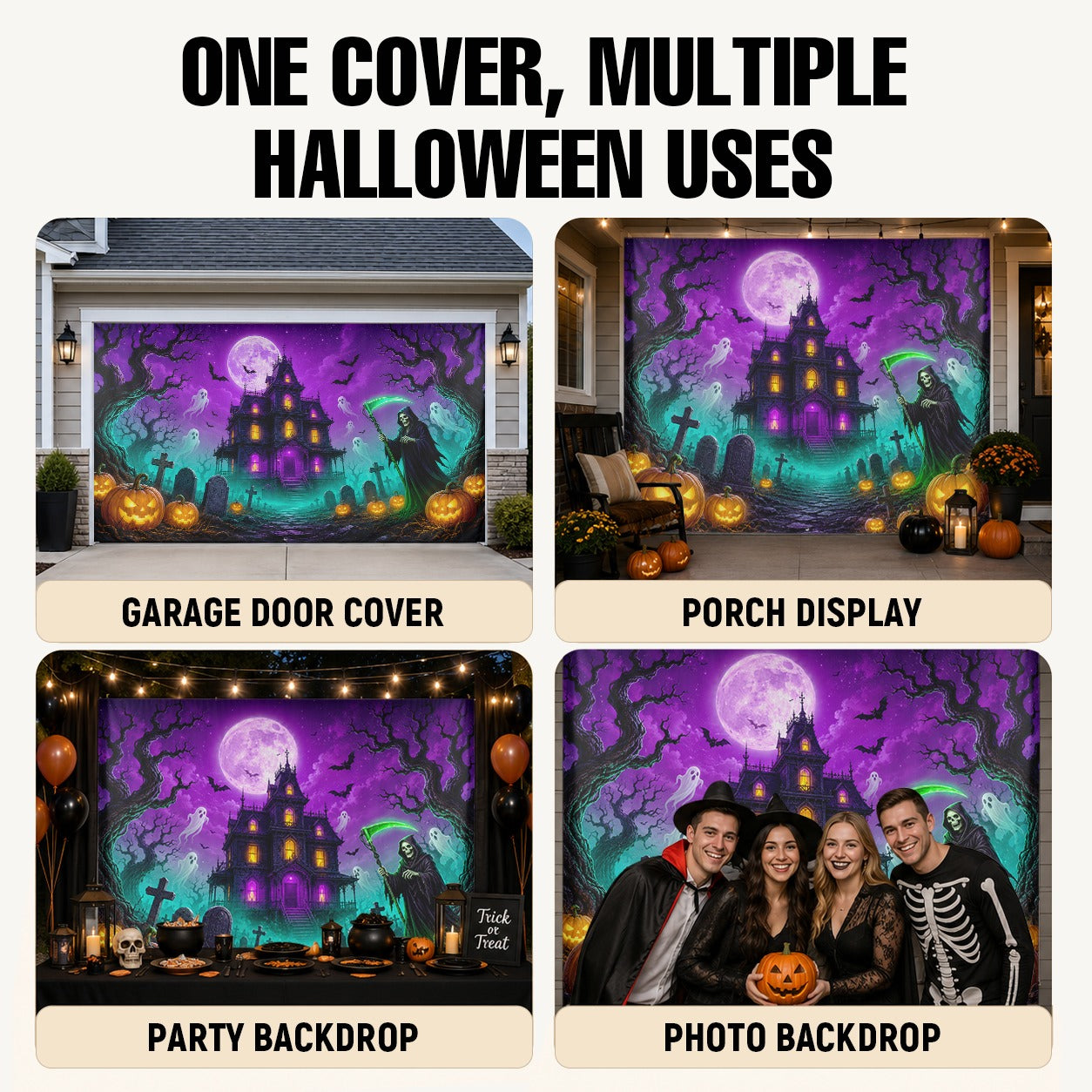 Blacklight Glow Ghost & Neon Purple | Halloween Garage Door Banner Cover