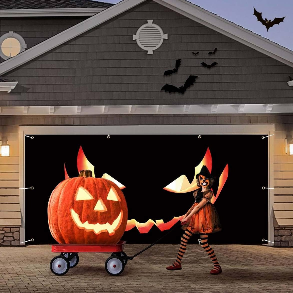 Scary Pumpkin Face & Jack-O'-Lantern | Halloween Garage Door Banner Cover
