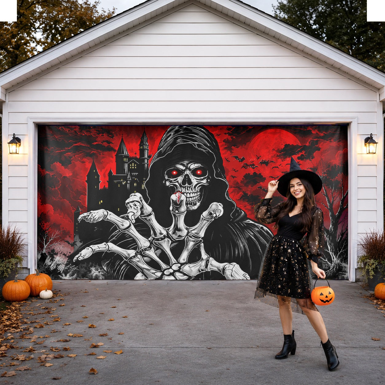 Grim Reaper Skull & Red Eyes | Halloween Garage Door Banner Cover