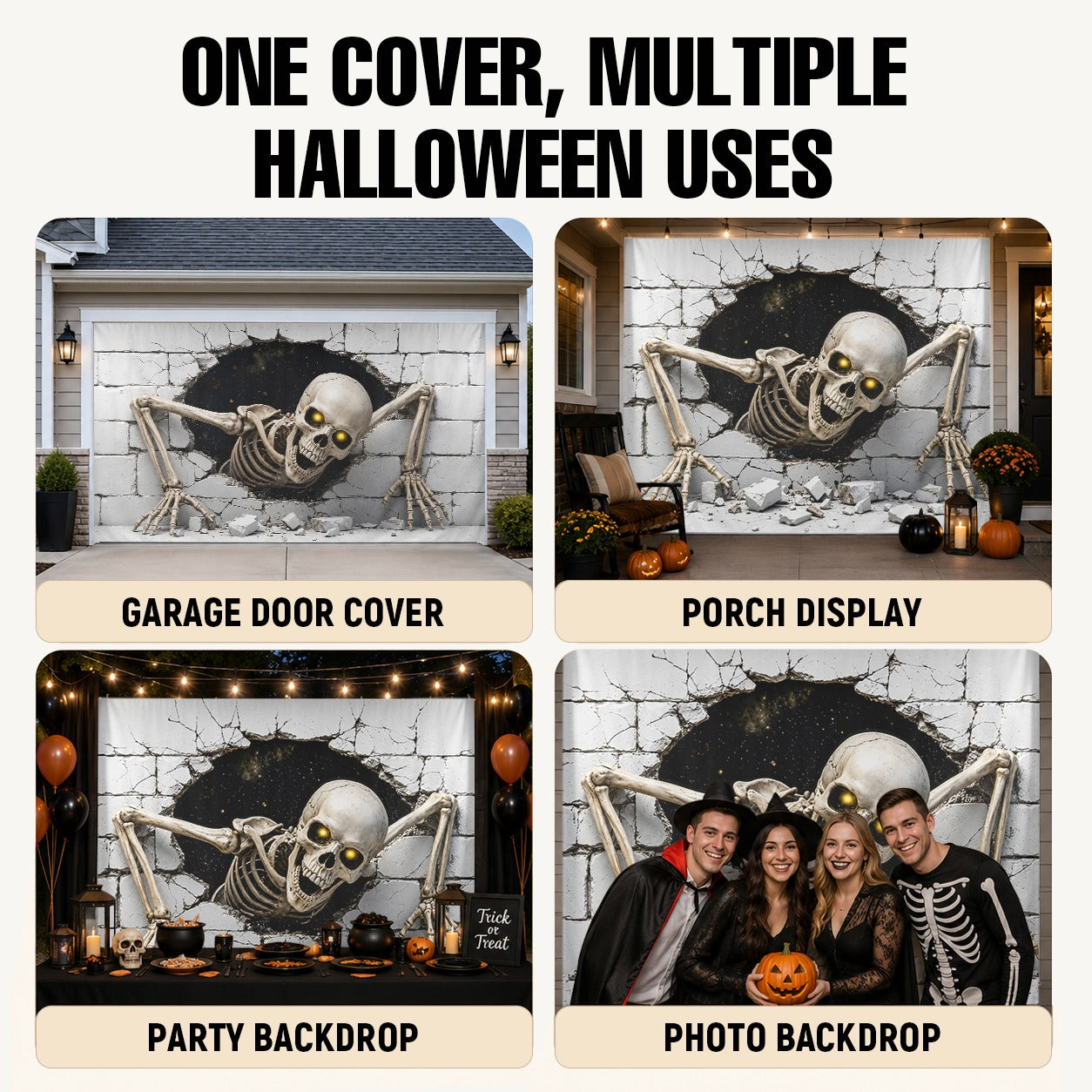 Skeleton Skull Breaking Wall 3D Illusion | Halloween Garage Door Banner Cover