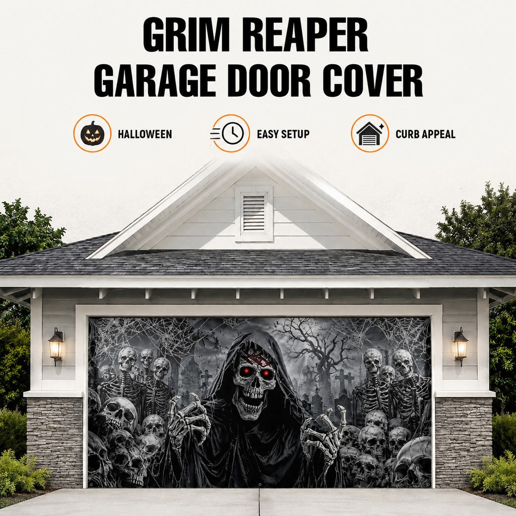 Flaming Skull & Burning Fire Skeleton | Halloween Garage Door Banner Cover