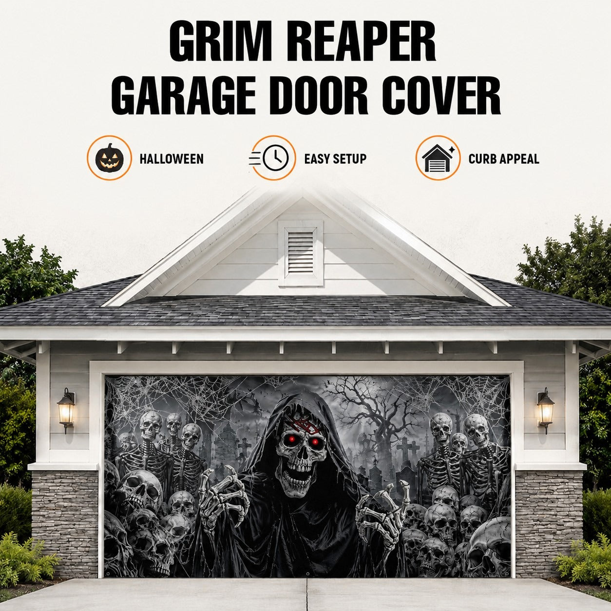 Flaming Skull & Burning Fire Skeleton | Halloween Garage Door Banner Cover