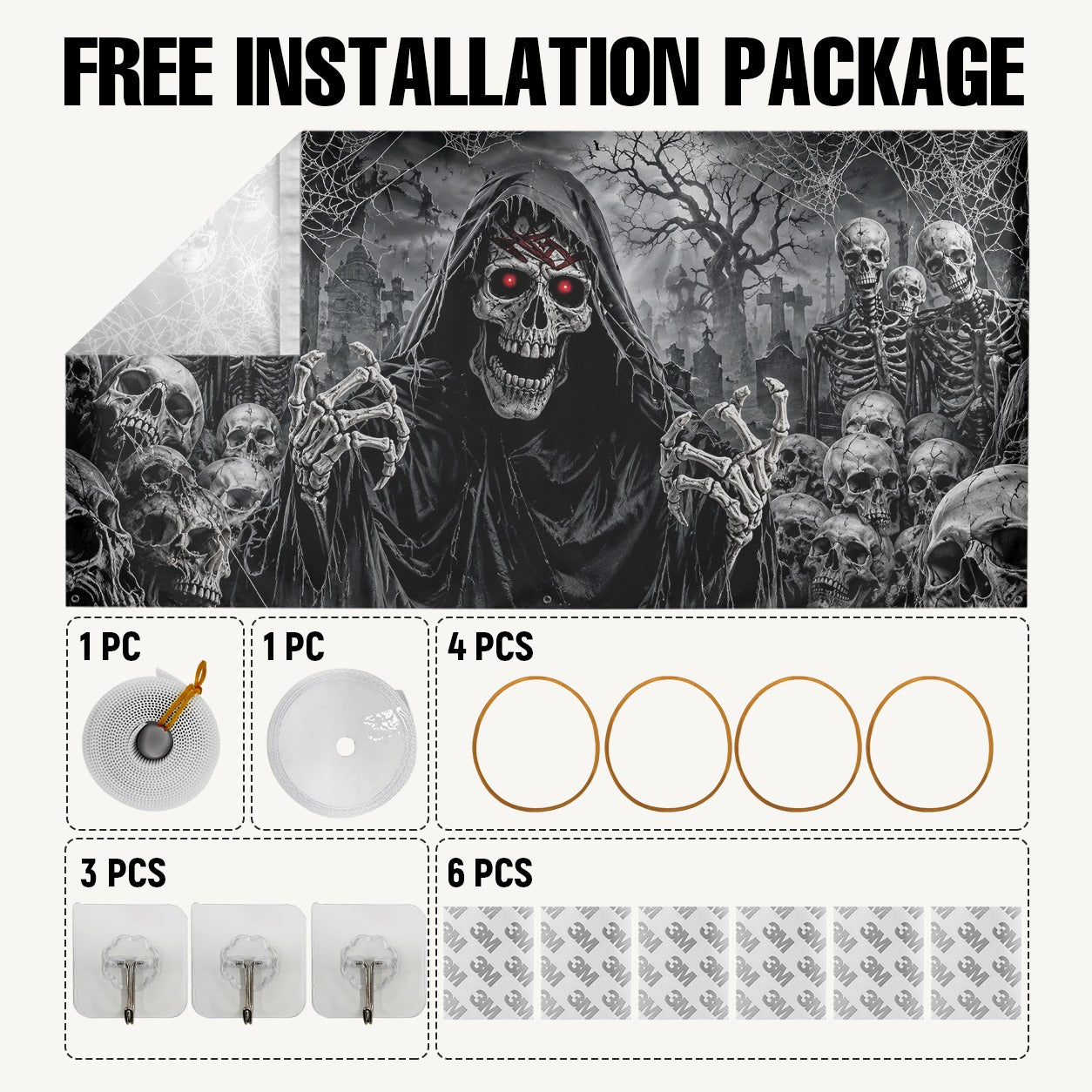 Flaming Skull & Burning Fire Skeleton | Halloween Garage Door Banner Cover