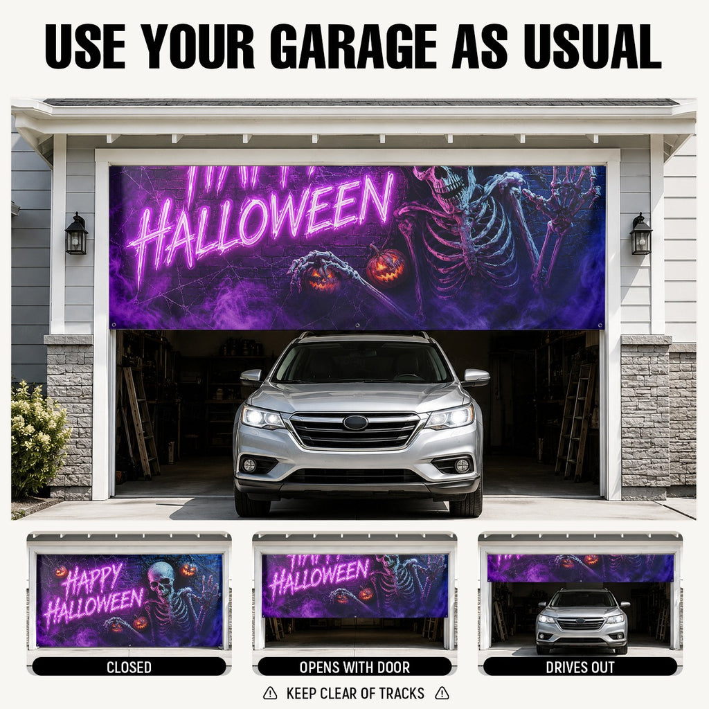 Skeleton Pumpkin & Blacklight Spooky Neon | Halloween Garage Door Banner Cover