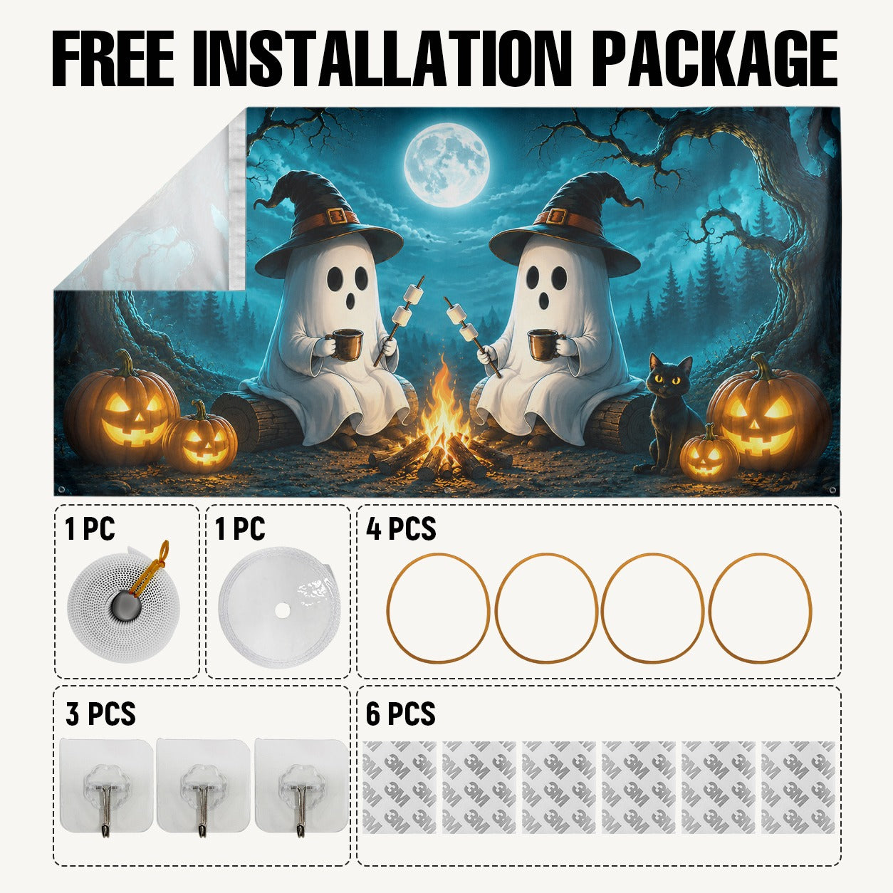 Cute Ghosts & Halloween Forest Campfire | Halloween Garage Door Banner Cover