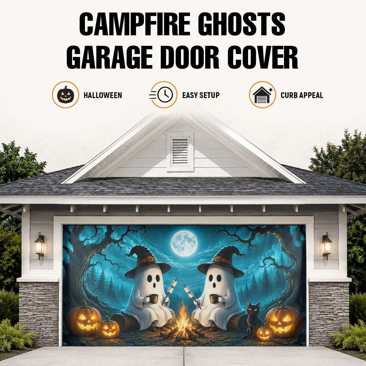 Cute Ghosts & Halloween Forest Campfire | Halloween Garage Door Banner Cover