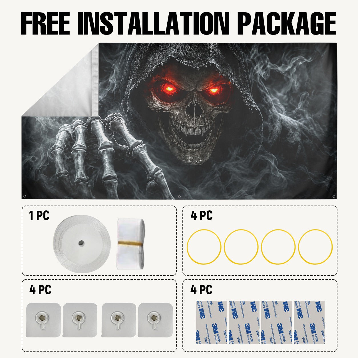 Grim Reaper Skull with Red Eyes | Halloween Garage Door Banner Cover