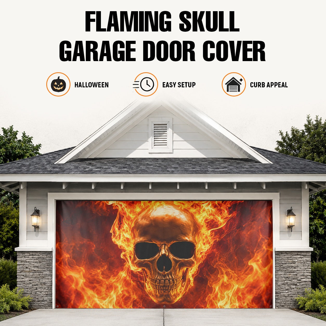 Flaming Skull & Fire | Halloween Garage Door Banner Cover