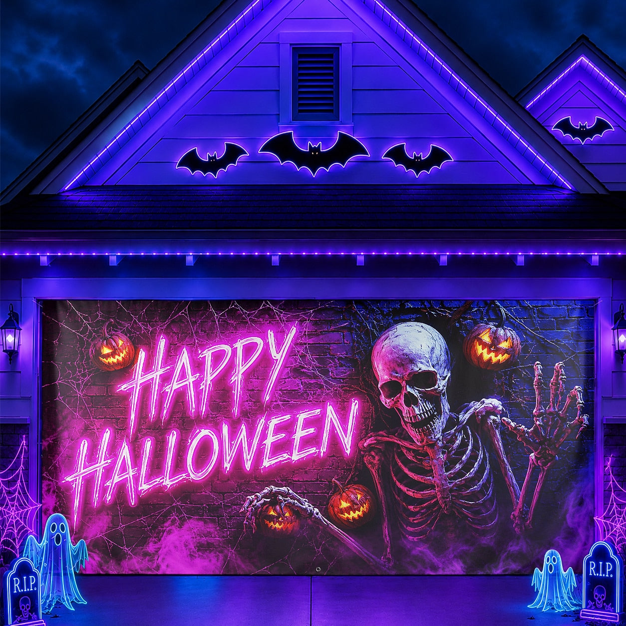 Skeleton Pumpkin & Blacklight Spooky Neon | Halloween Garage Door Banner Cover