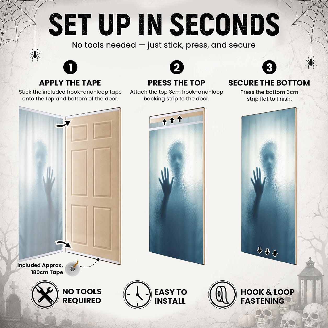 Screaming Skull Door Banner Halloween Door Cover Ghost Behind Frosted