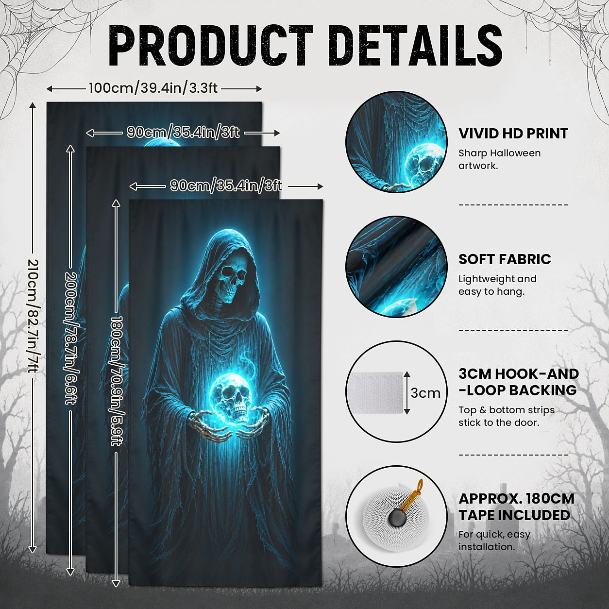 Glowing Skull Grim Reaper Door Banner Blue Skeleton Ghost Scary