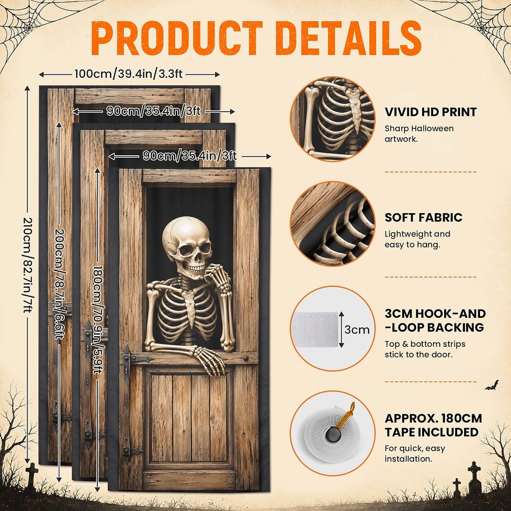 Skeleton Behind Door 3D Skull Illusion Banner Halloween Door Cover