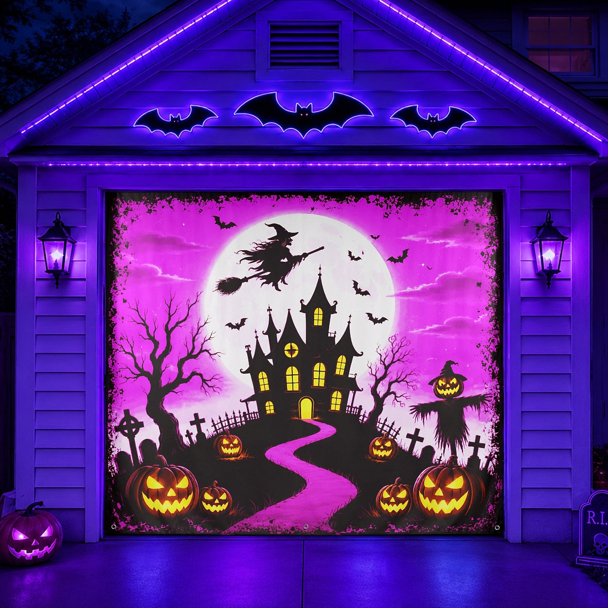 Fluorescent Haunted House & Witch Moon | Halloween Garage Door Banner Cover