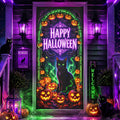 Haunted House Banner Halloween Door Cover Black Cat Pumpkin Bats Neon UV