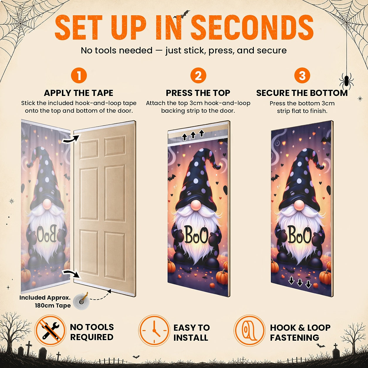 Gnome Boo Witch Pumpkin Banner Halloween Door Cover