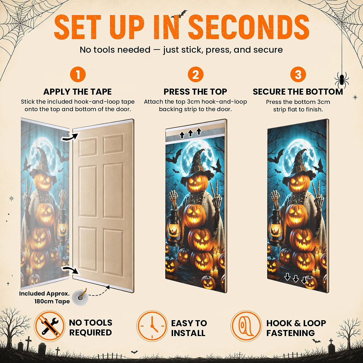 Pumpkin Witch Jack O Lantern Bats Door Banner Halloween Door Cover