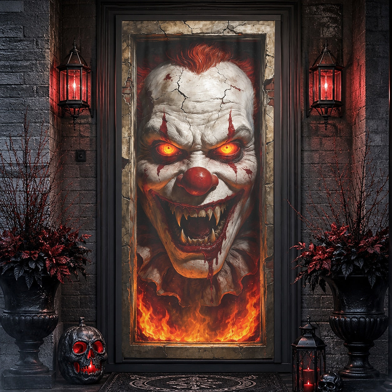 Glass Reaching Hand Banner Halloween Door Cover Evil Clown Horror Face