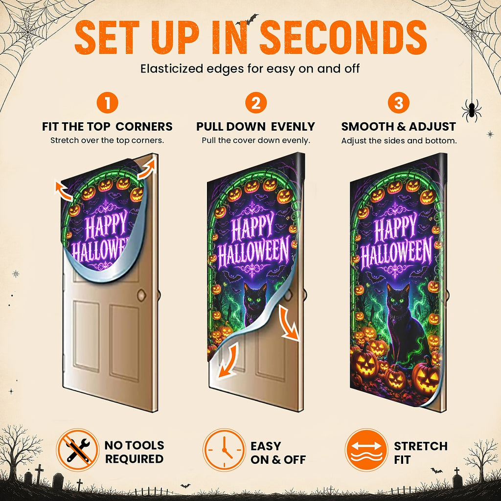 Haunted House Banner Halloween Door Cover Black Cat Pumpkin Bats Neon UV