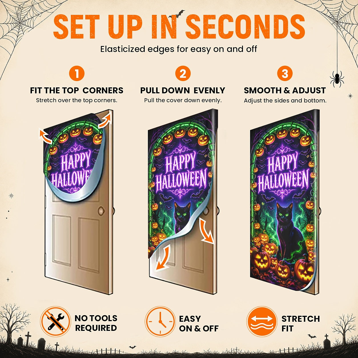 Haunted House Banner Halloween Door Cover Black Cat Pumpkin Bats Neon UV