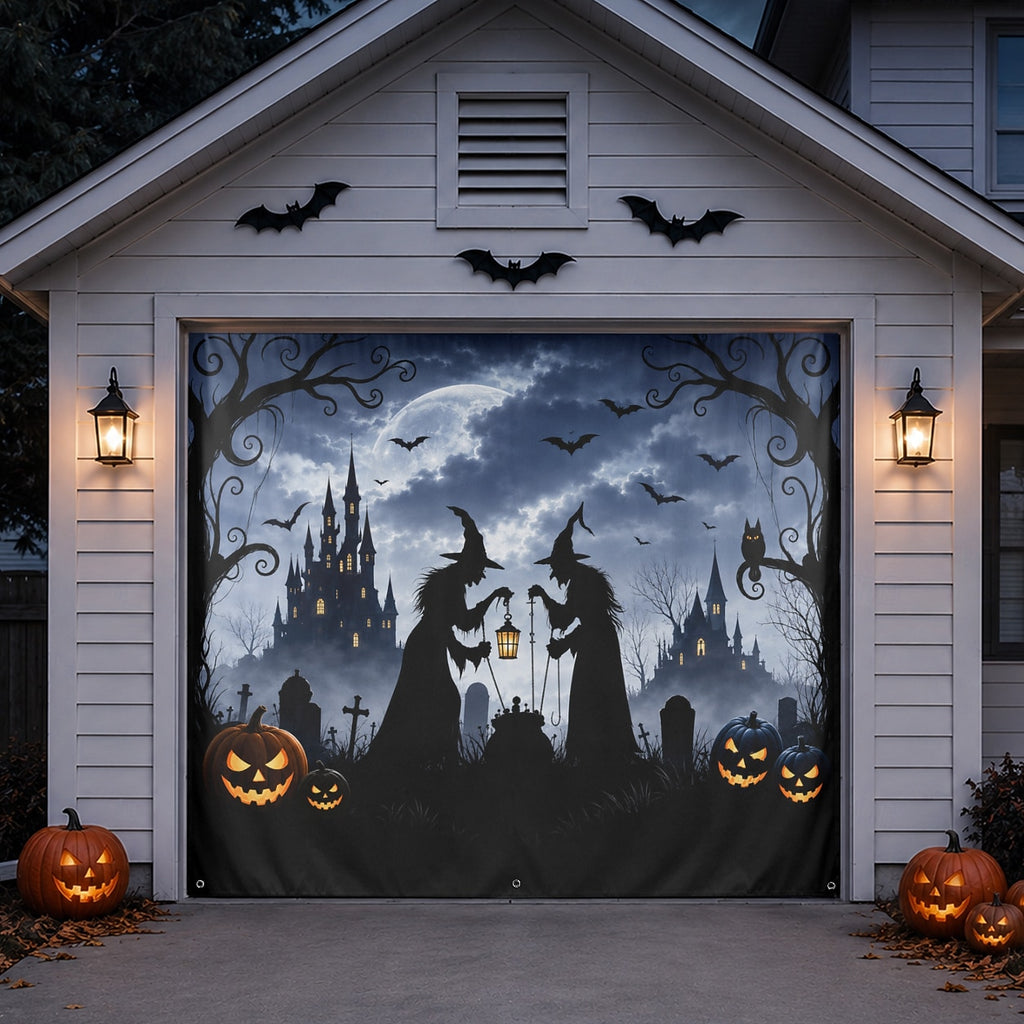 Witch Silhouette & Horror Spirit | Halloween Garage Door Banner Cover