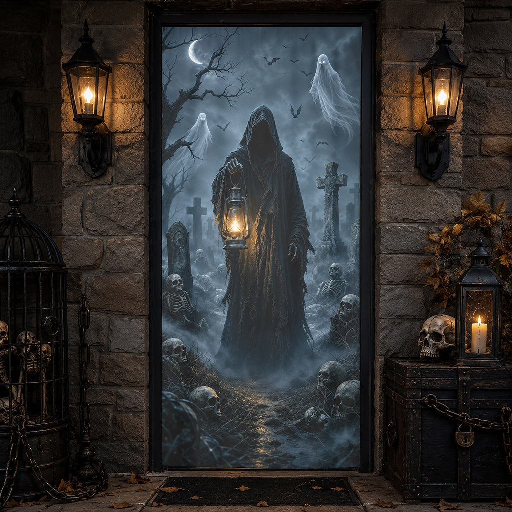 Grim Reaper Lantern Graveyard Ghost Door Banner Halloween Door Cover