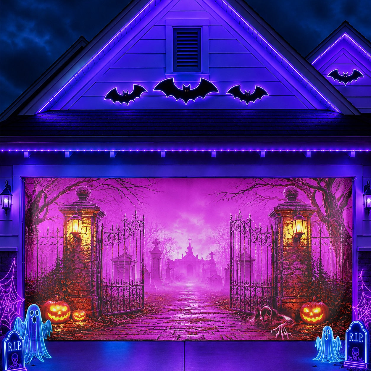 Fluorescent Haunted Cemetery Gate | Halloween Garage Door Banner Cover