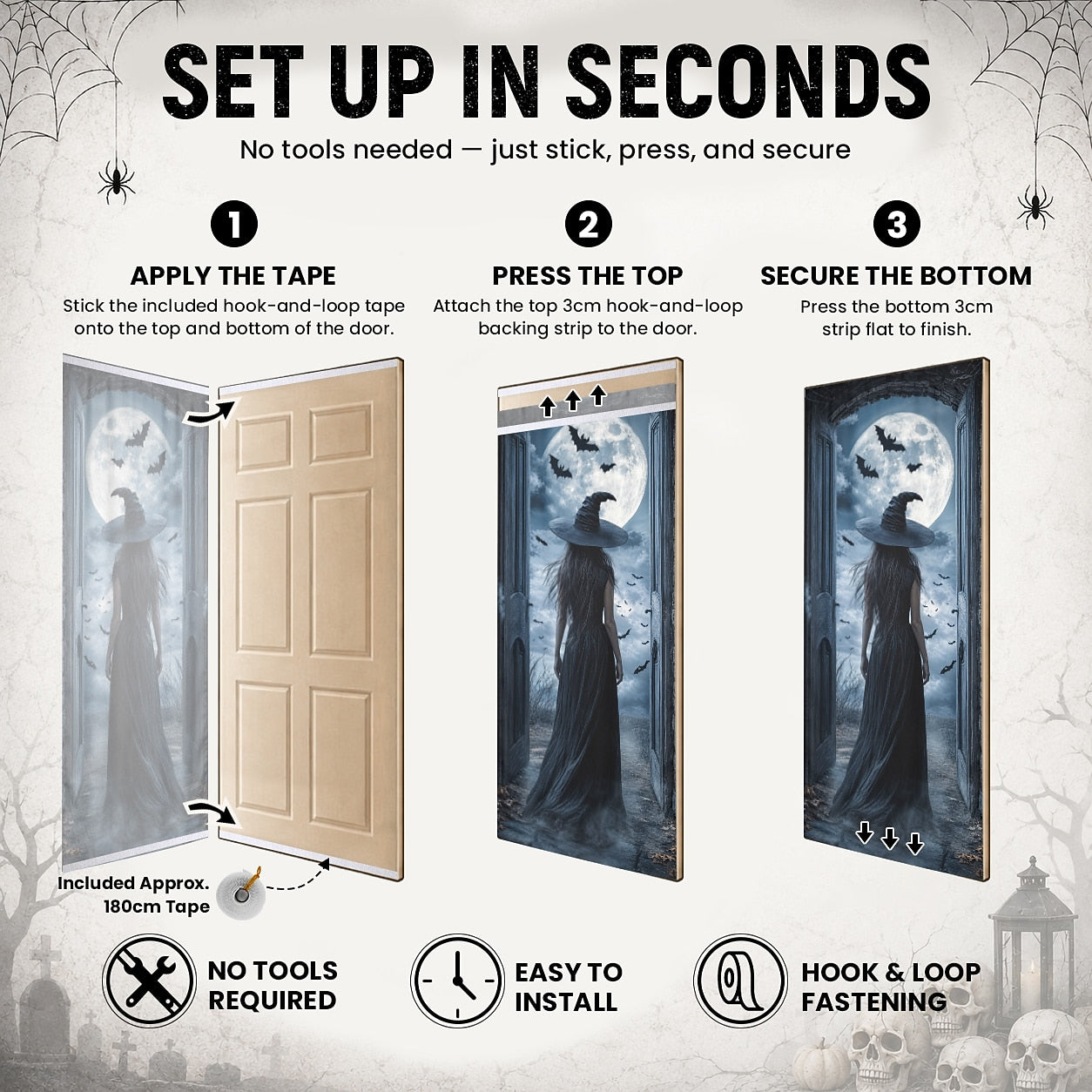 Illusion Door Banner Halloween Door Cover Witch Black Cat Full Moon