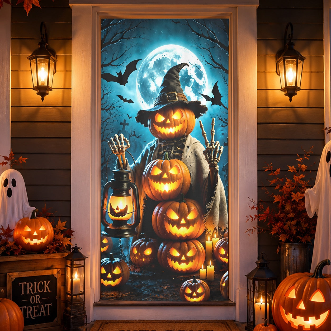 Pumpkin Witch Jack O Lantern Bats Door Banner Halloween Door Cover