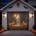 Ghost holding Candle & Jack-O'-Lantern Pumpkins | Halloween Garage Door Banner Cover
