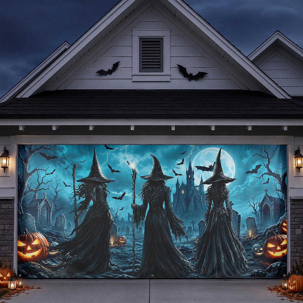 Witch Night Graveyard & Full Moon | Halloween Garage Door Banner Cover