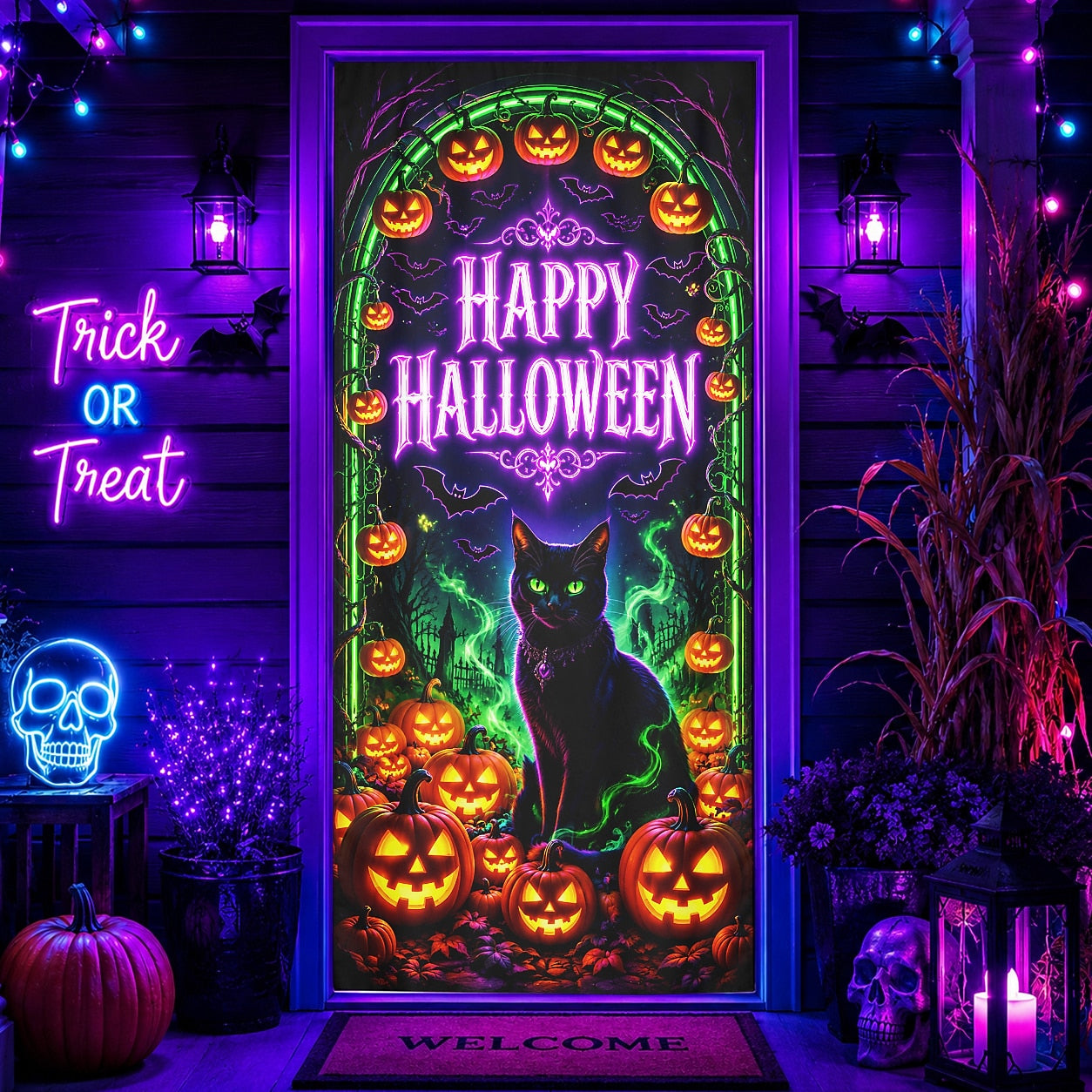 Haunted House Banner Halloween Door Cover Black Cat Pumpkin Bats Neon UV