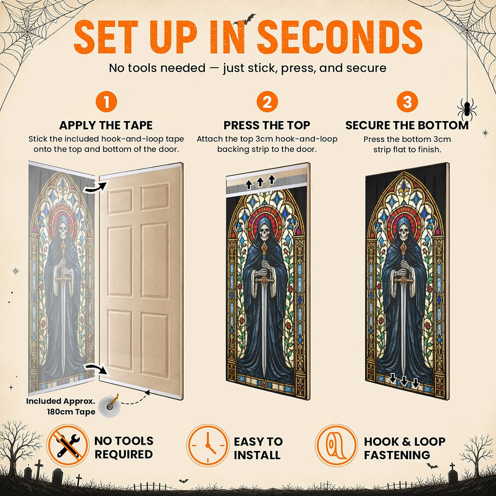 Stained Glass Grim Reaper Skeleton Gothic Banner Halloween Door Cover