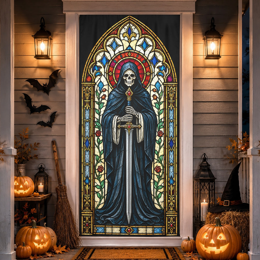 Stained Glass Grim Reaper Skeleton Gothic Banner Halloween Door Cover