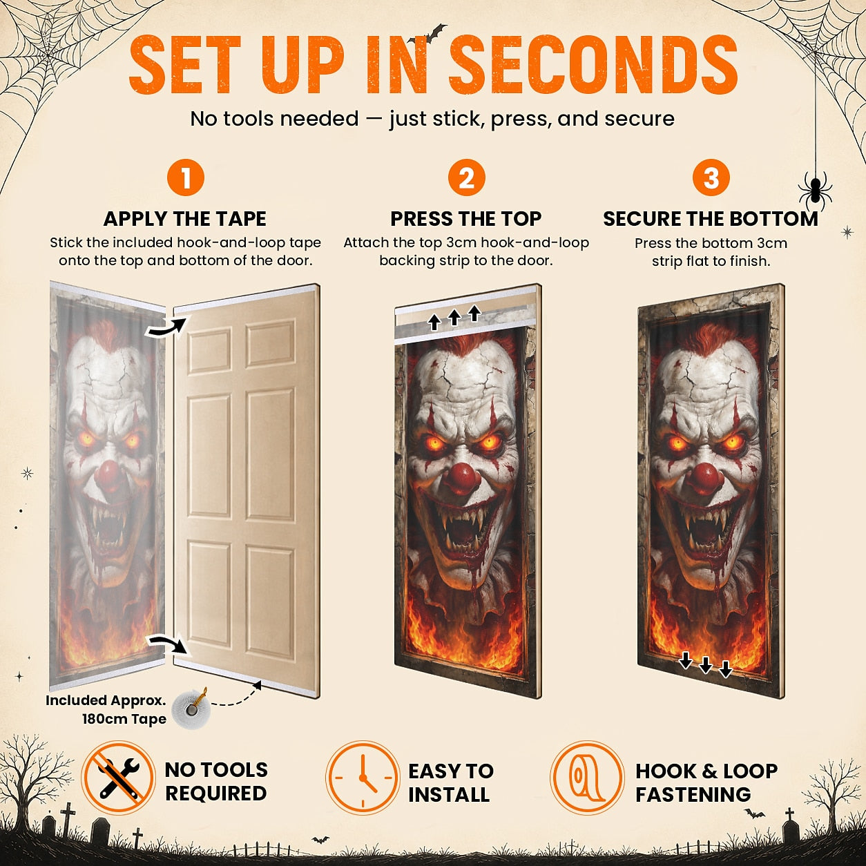 Glass Reaching Hand Banner Halloween Door Cover Evil Clown Horror Face
