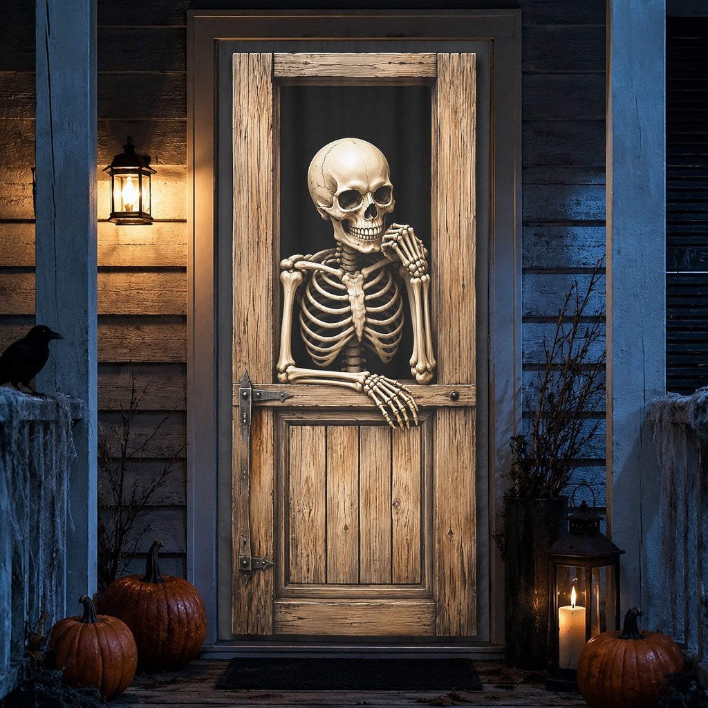 Skeleton Behind Door 3D Skull Illusion Banner Halloween Door Cover