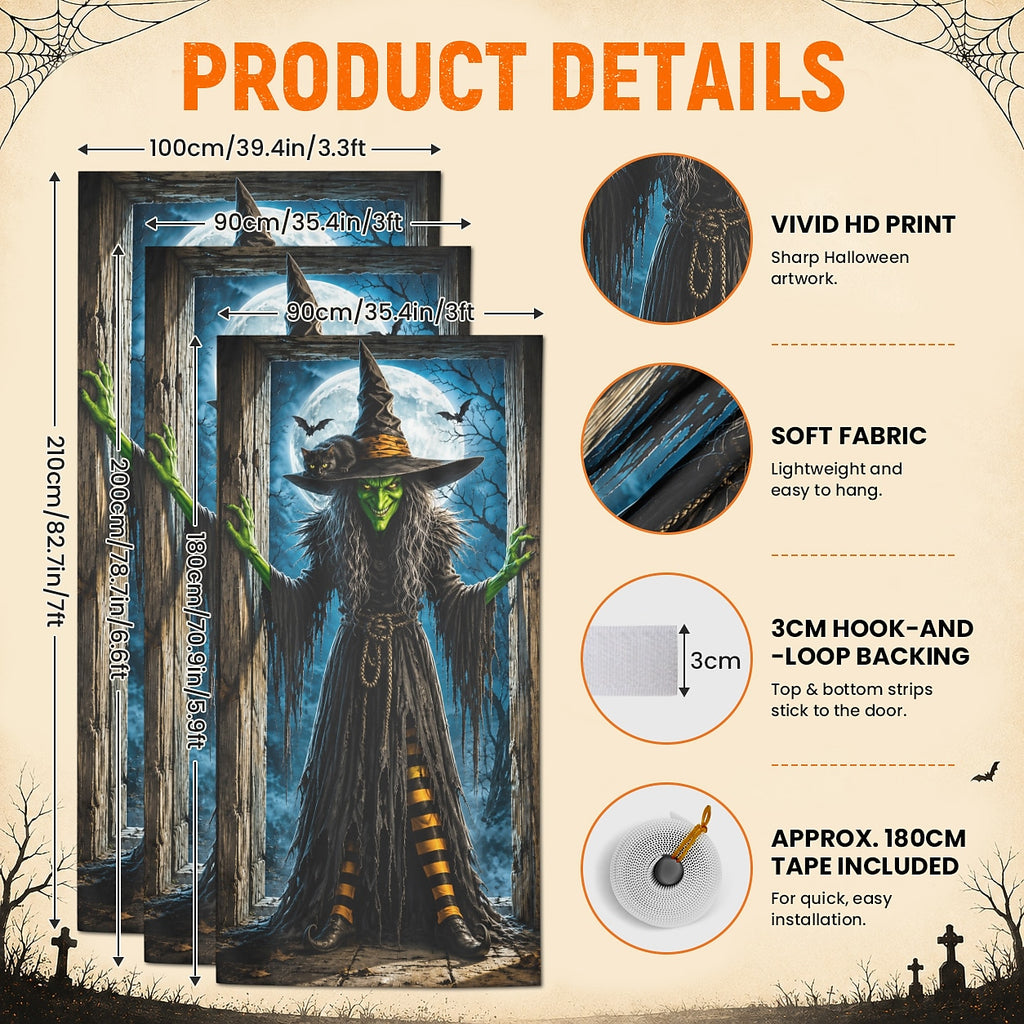 Moon Pumpkin Banner Halloween Door Cover Witch Black Cat Full Moon