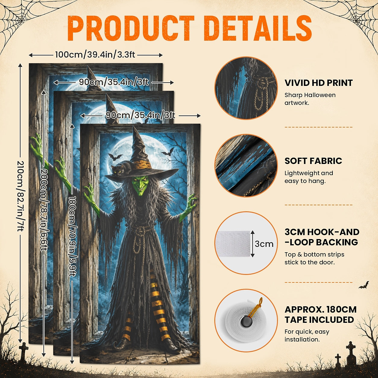 Moon Pumpkin Banner Halloween Door Cover Witch Black Cat Full Moon