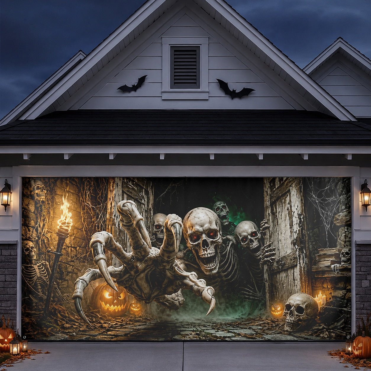Flaming Skeleton & Fire Skull | Halloween Garage Door Banner Cover