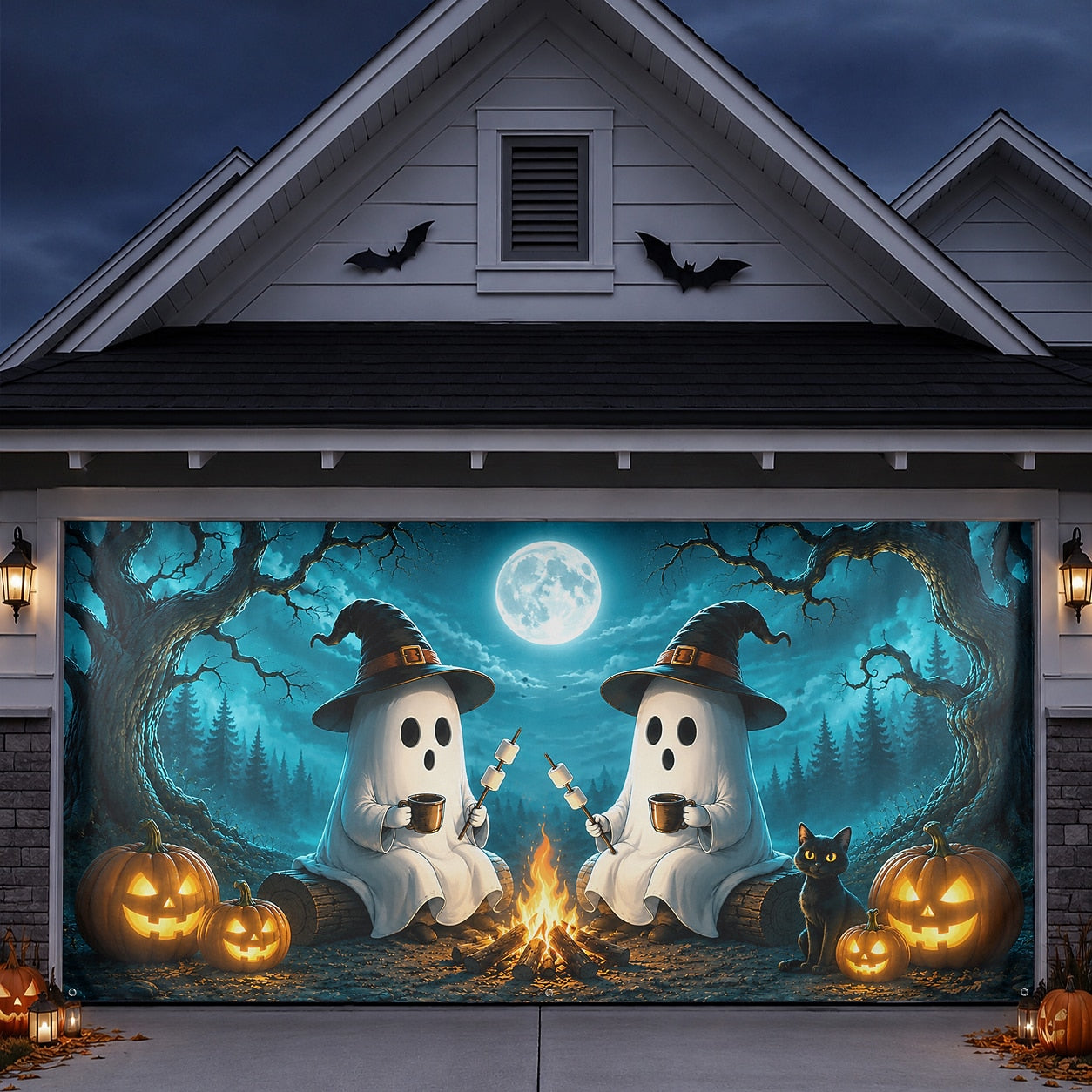 Cute Ghosts & Halloween Forest Campfire | Halloween Garage Door Banner Cover