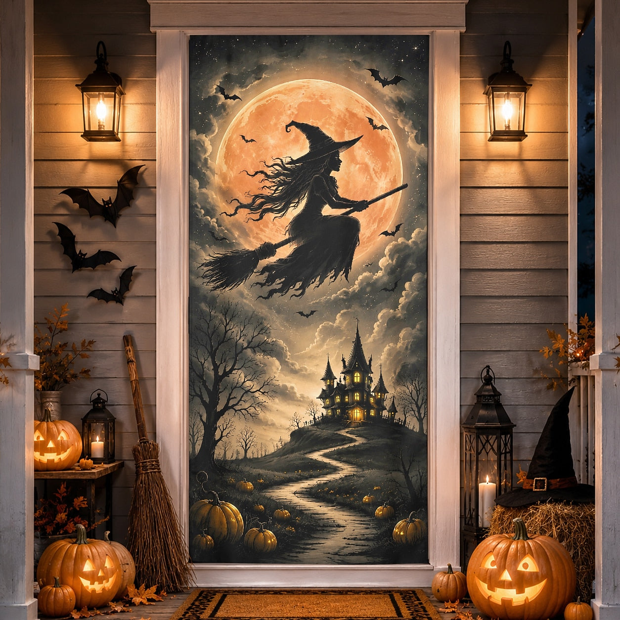 Flying Witch Full Moon Haunted House Banner Halloween Door Cover