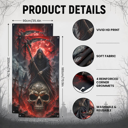 Door Scary Undead Door Banner Halloween Door Cover Grim Reaper Skull Red
