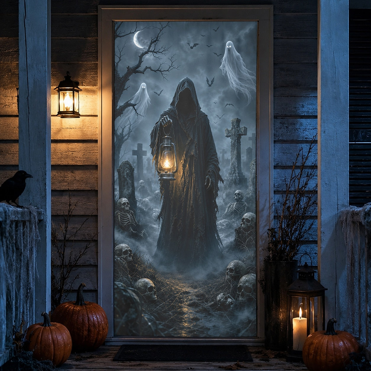 Grim Reaper Lantern Graveyard Ghost Door Banner Halloween Door Cover