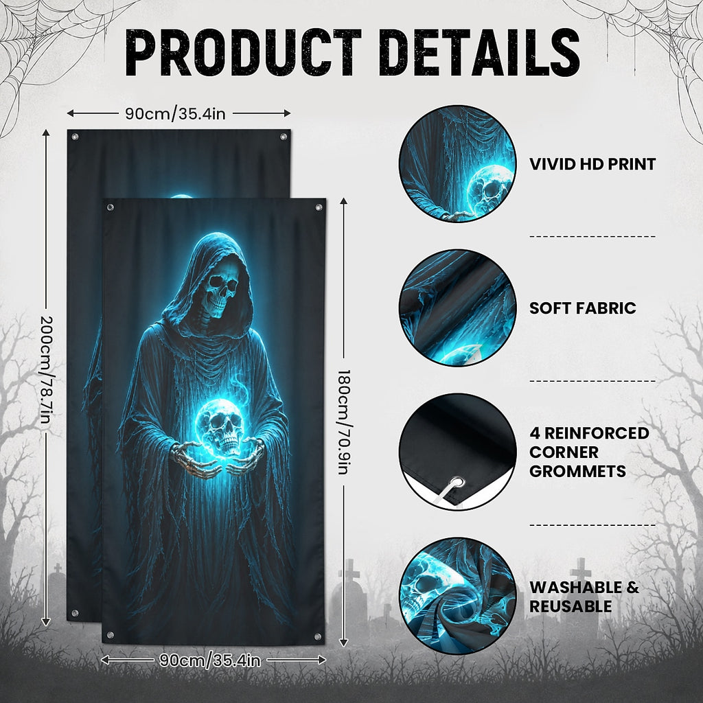 Glowing Skull Grim Reaper Door Banner Blue Skeleton Ghost Scary