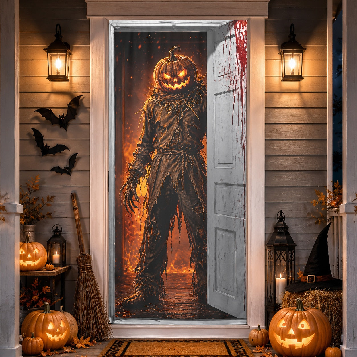 Knight Banner Halloween Door Cover Pumpkin Head Scarecrow Horror Door