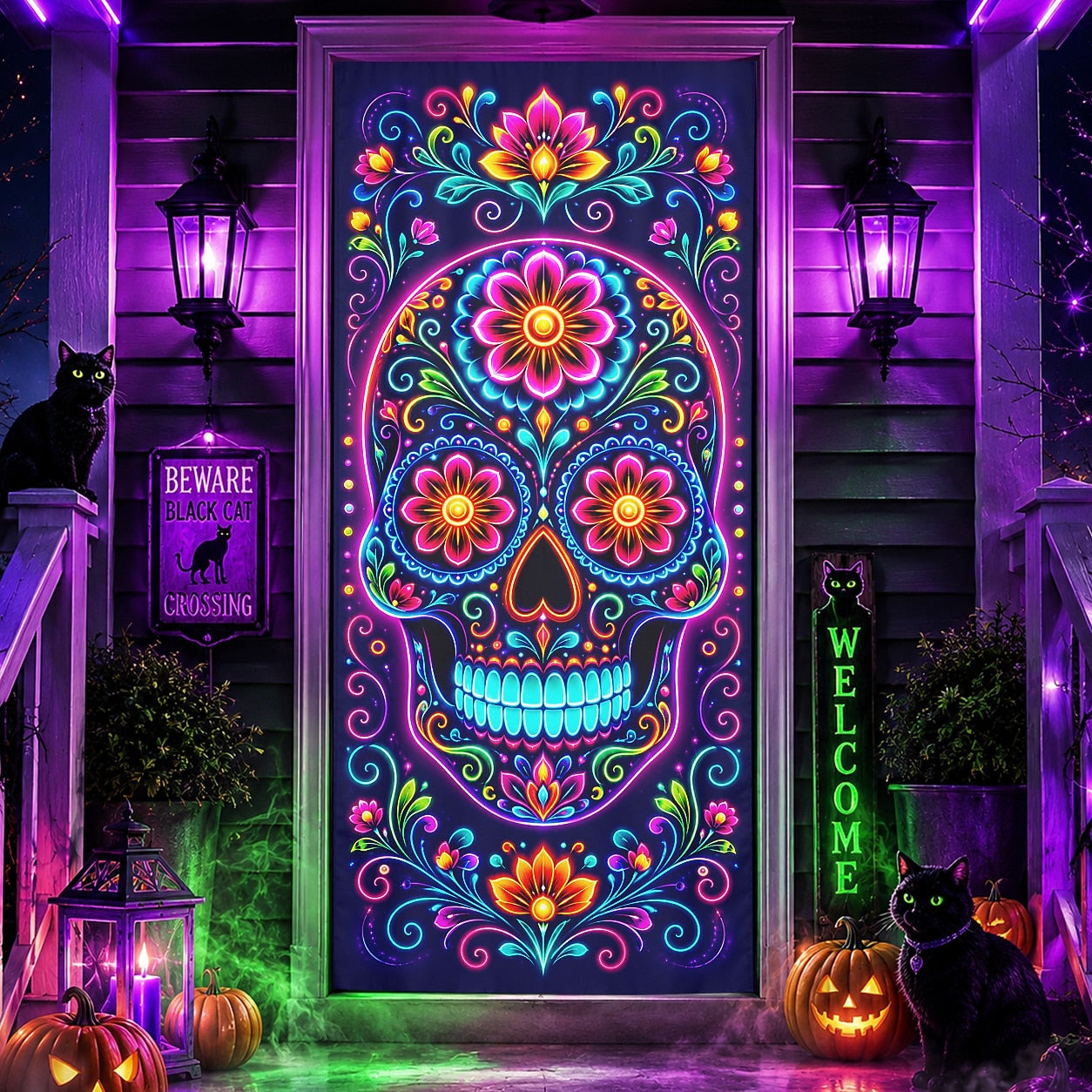 Halloween Door Cover Sugar Skull Neon Floral Day of the Dead Door Banner